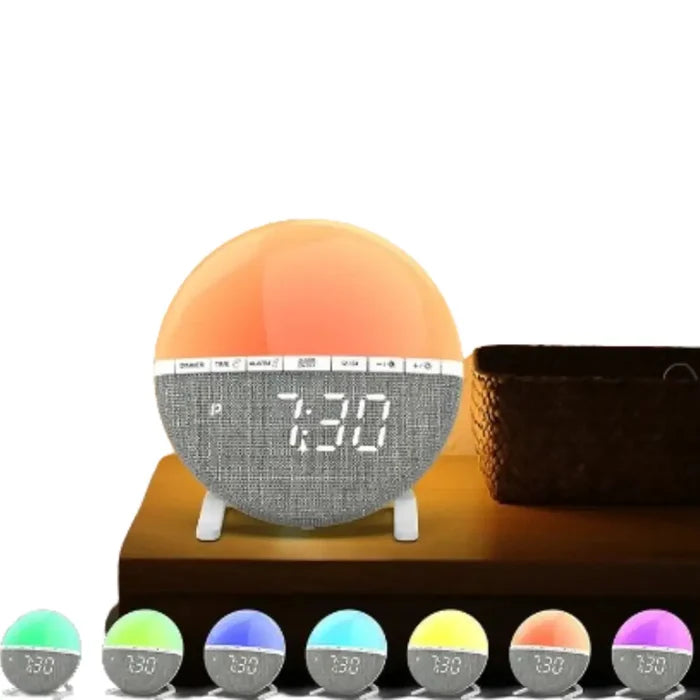 Habicare Wake-Up Light Sunrise Alarm Clock with sunrise simulation and adjustable brightness on a bedside table.