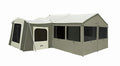 Spacious olive green camping tent with mesh windows and a large canopy, perfect for outdoor adventures.