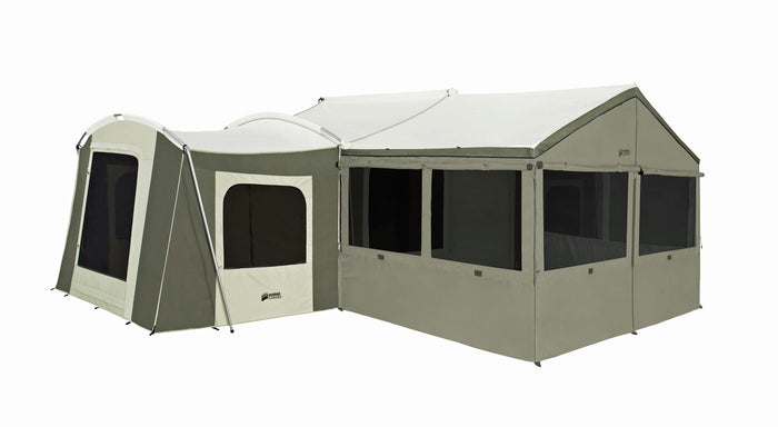 Spacious olive green camping tent with mesh windows and a large canopy, perfect for outdoor adventures.