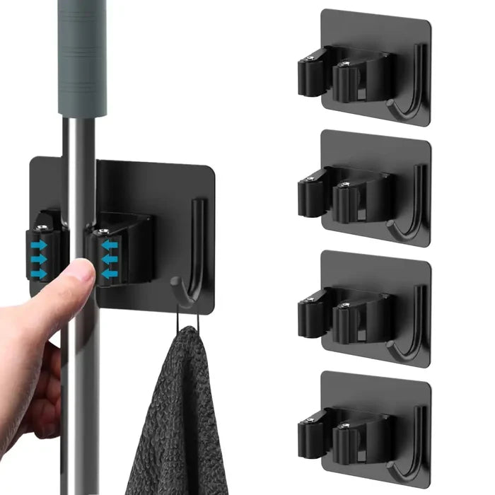 Stainless steel wall-mount mop and broom holder with multiple slots for organized cleaning tool storage.