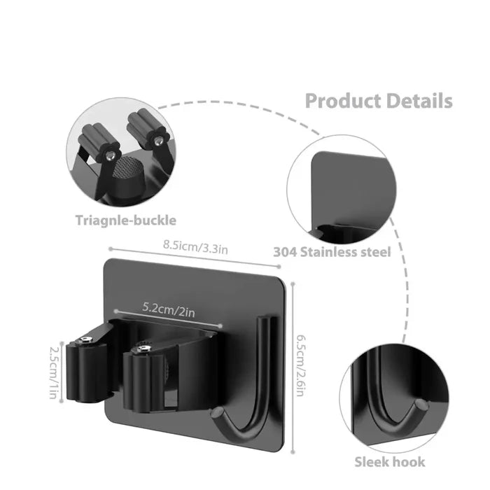 Stainless steel wall-mount mop and broom holder with hooks for organizing cleaning tools in a modern home.