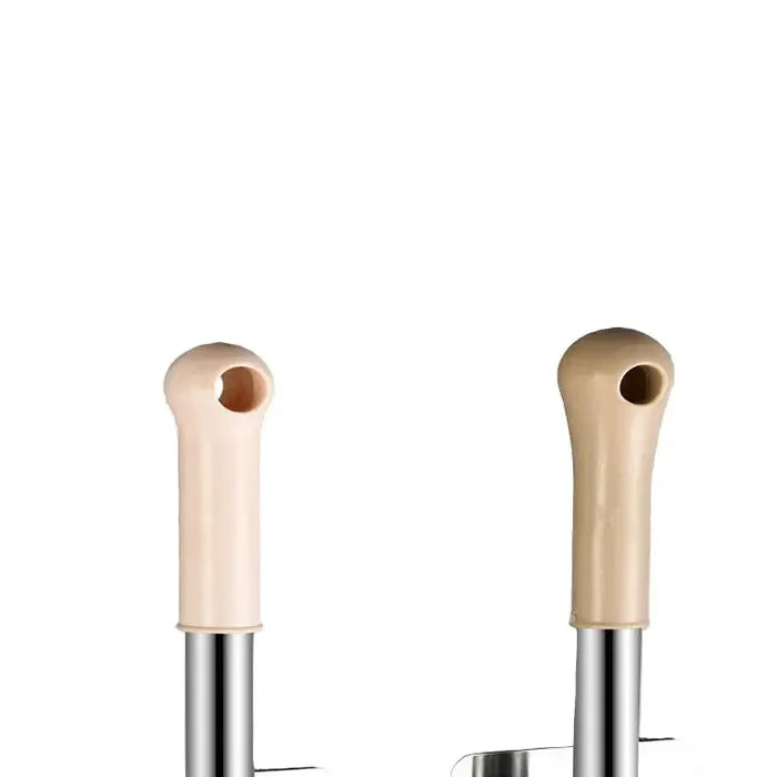 Stainless steel wall-mount mop and broom holder with multiple slots for organized cleaning tools.