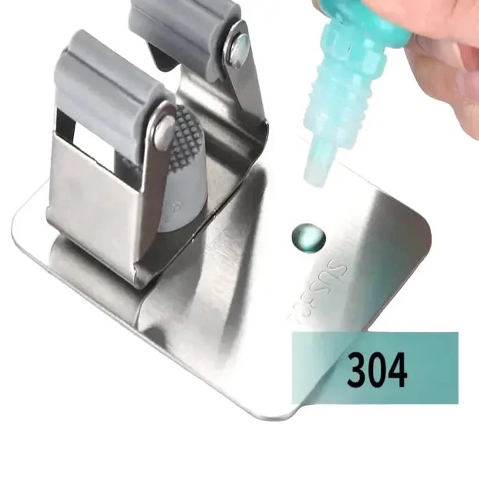 Stainless steel wall-mount mop and broom holder with multiple hooks for organized cleaning tool storage.