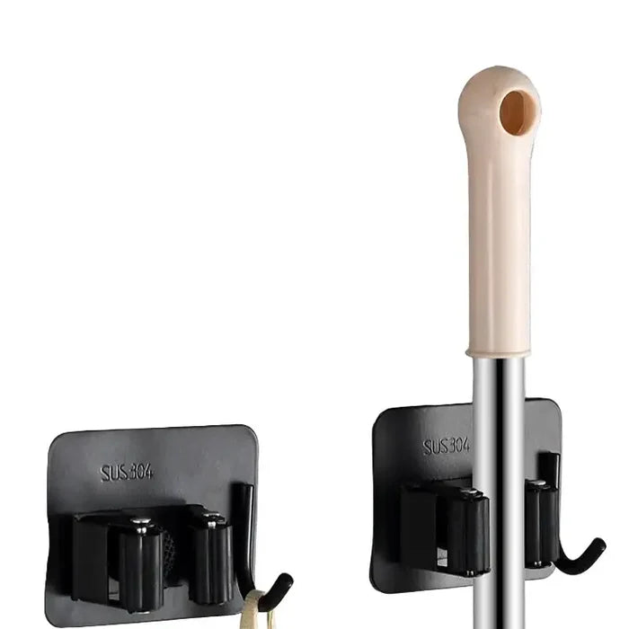 Stainless steel wall-mount mop and broom holder with multiple hooks for organized storage