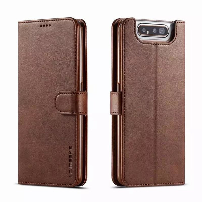 Brown wallet case for Samsung Galaxy A80 and A90 by 9eight5, featuring card slots and a secure flip cover.