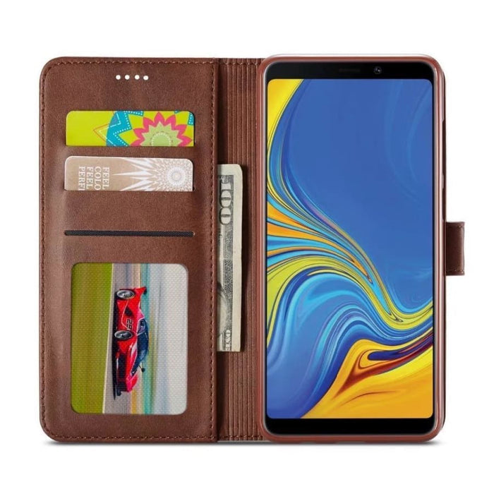 Brown 9eight5 wallet phone case for Samsung Galaxy A80 and A90, featuring card slots and protective cover.