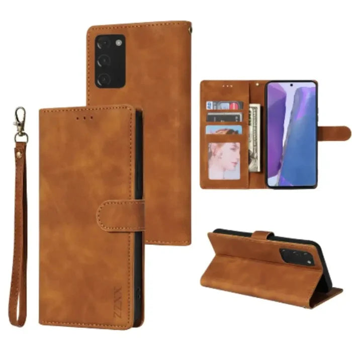 Brown Habicare 9eight5 magnetic wallet case for Samsung Galaxy with card slots and secure magnetic closure.