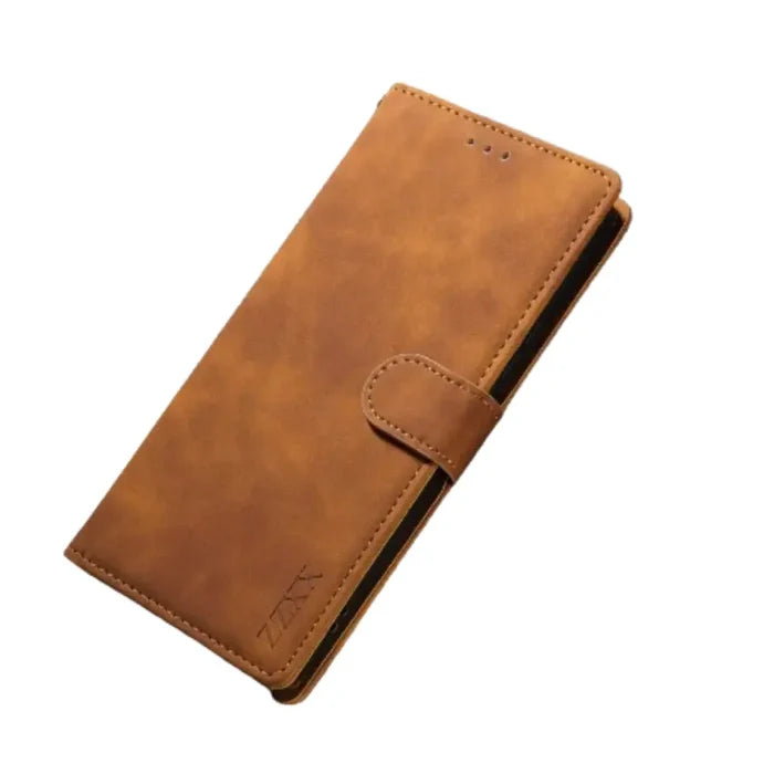Brown Habicare 9eight5 magnetic wallet case for Samsung Galaxy, featuring card slots and protective cover.