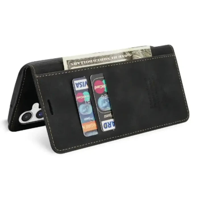Black Habicare 9eight5 wallet case for Samsung Galaxy S and A series with magnetic closure and card slots.
