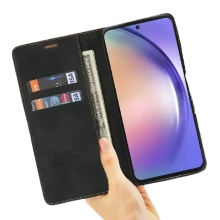 Black Habicare 9eight5 wallet case for Samsung Galaxy S and A series with magnetic closure and card slots.