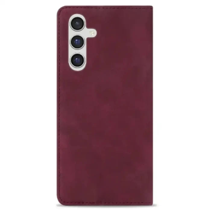 Habicare 9eight5 magnetic wallet case for Samsung Galaxy S and A series in wine red, featuring card slots and protective design.
