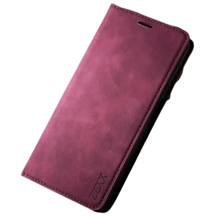 Habicare 9eight5 magnetic wallet case for Samsung Galaxy S & A Series in wine red, featuring card slots and protective design.