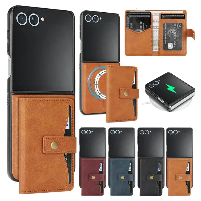 Habicare 9eight5 leather wallet case for Samsung Galaxy Z Flip7, available in four colors, featuring card slots and slim design.