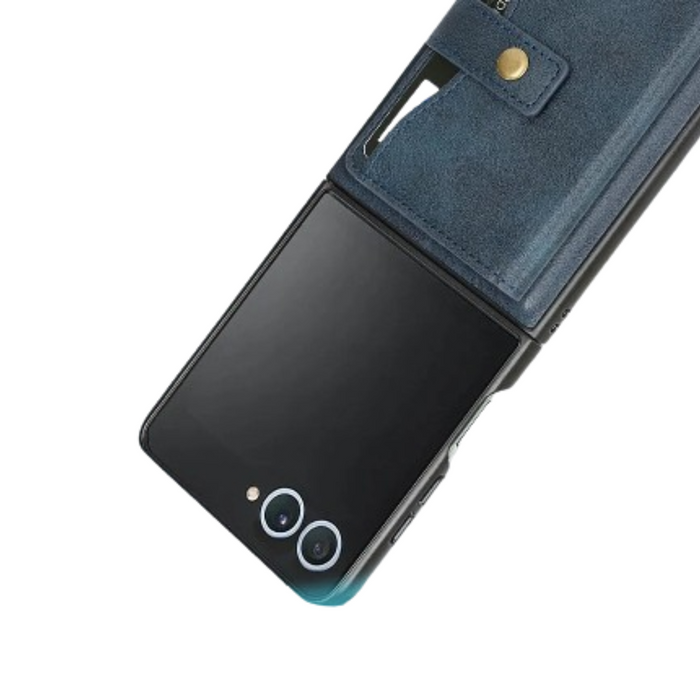 Habicare 9eight5 leather wallet case for Samsung Galaxy Z Flip7 in three color options, featuring sleek design and protective cover.