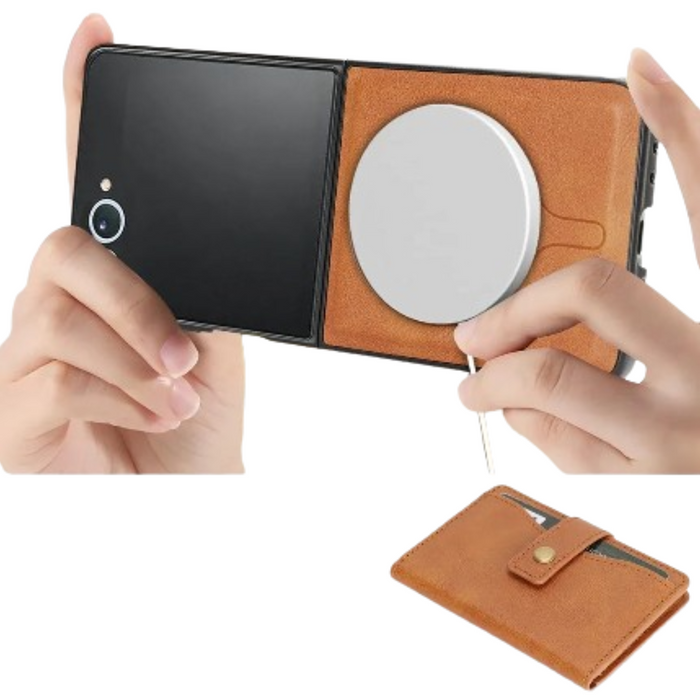 Habicare 9eight5 leather wallet case for Samsung Galaxy Z Flip7 in four colors, showing front view with card slots and sleek design.