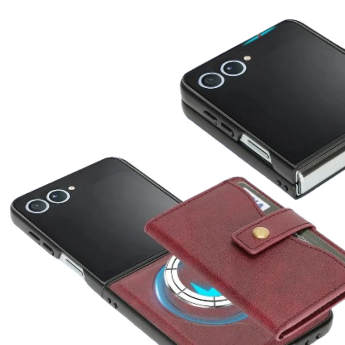 Leather wallet case for Samsung Galaxy Z Flip7 by Habicare, available in four colors, featuring card slots and protective design.