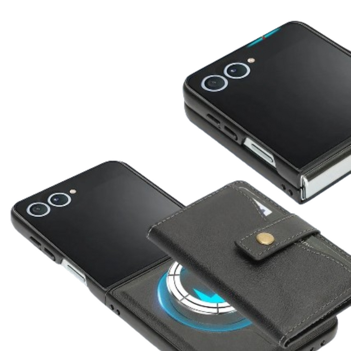 Habicare 9eight5 leather wallet case for Samsung Galaxy Z Flip7, available in four colors, shown in black and brown options.