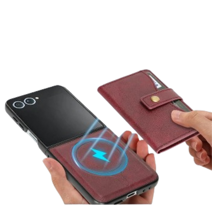 Samsung Galaxy Z Flip7 leather wallet case by Habicare in four colors, showing the slim design and card slots.