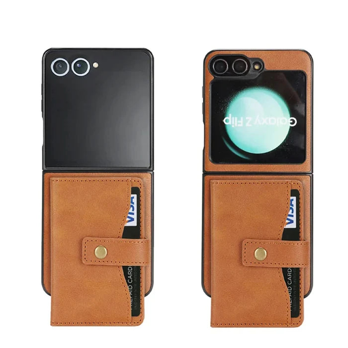 Leather wallet case for Samsung Galaxy Z Flip7 by Habicare, featuring multiple color options and a slim, protective design.