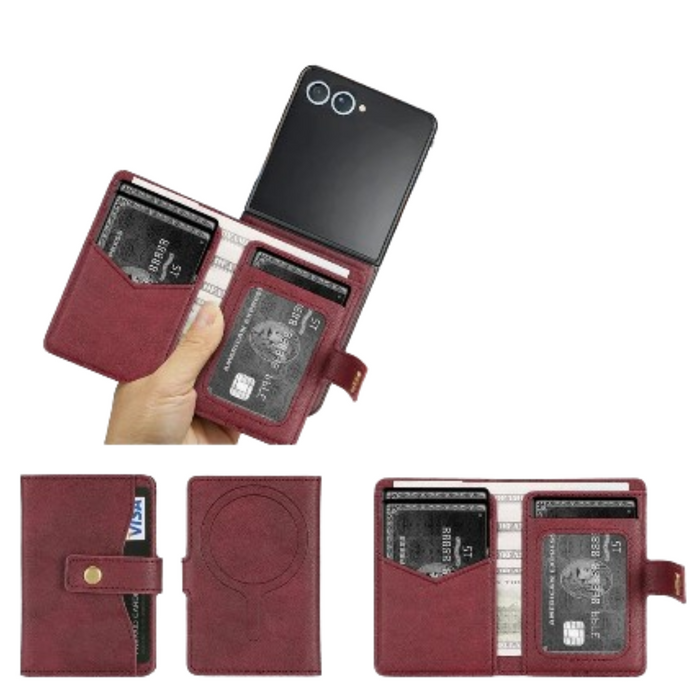 Habicare 9eight5 leather wallet case for Samsung Galaxy Z Flip7 in four colors, with card slots and secure fold design.
