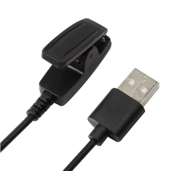 Black Garmin watch charger with USB clip, compatible with That Watch Shop chargers, featuring a compact cable design.