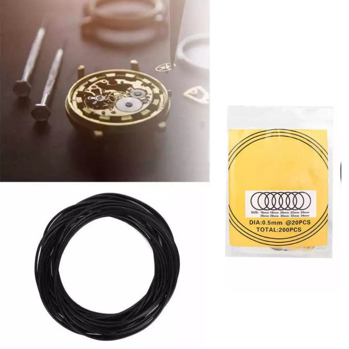 0.5mm watch O-rings for waterproof watches, displayed with watch repair tools, from That Watch Shop.