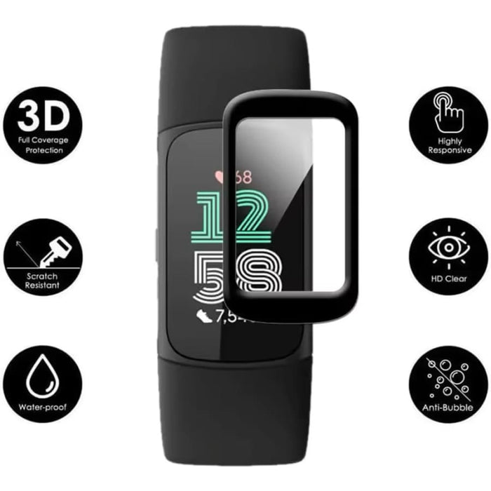 Black Fitbit Charge 6 screen protectors, pack of 2, designed to safeguard the fitness tracker display from scratches and damage.