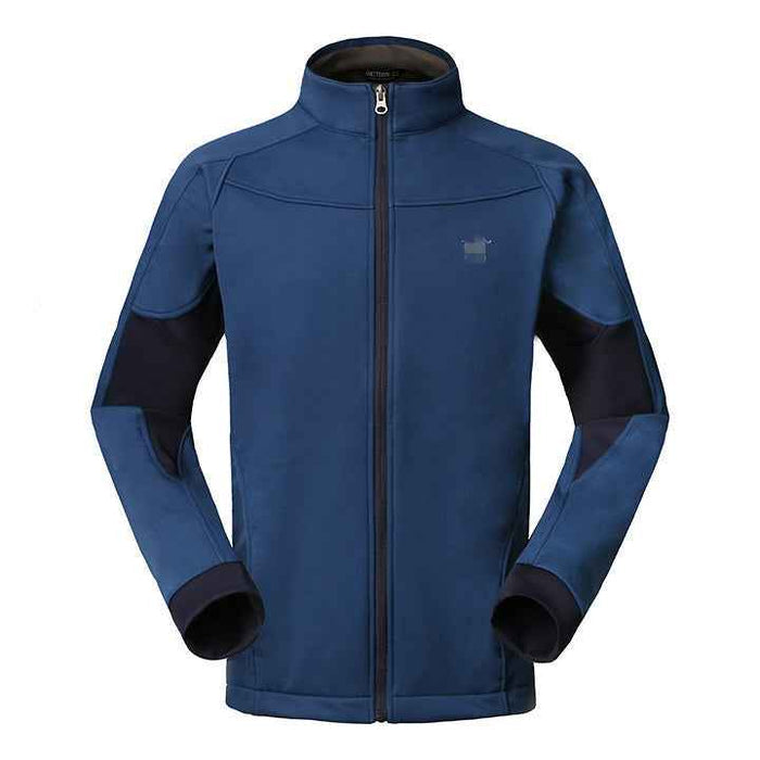 Men and women wearing Mead's Supply waterproof softshell jacket, showcasing its windproof and lightweight design.