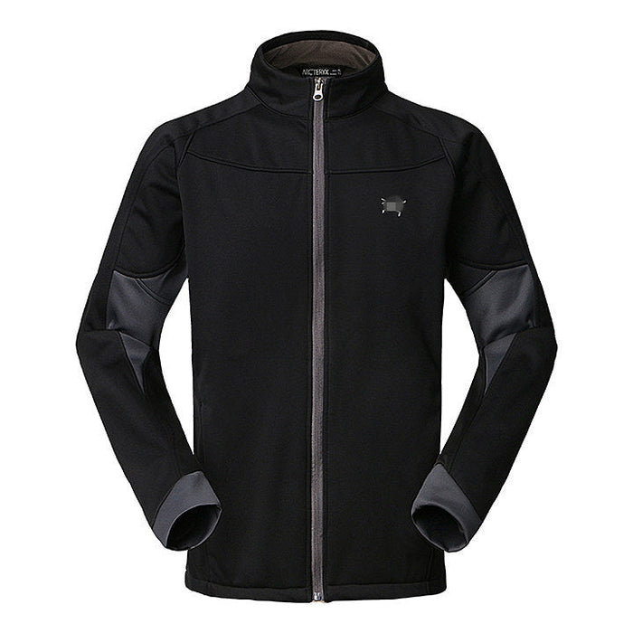 Men and women wearing Mead's Supply waterproof softshell jacket, showcasing its windproof, lightweight, and warm features.