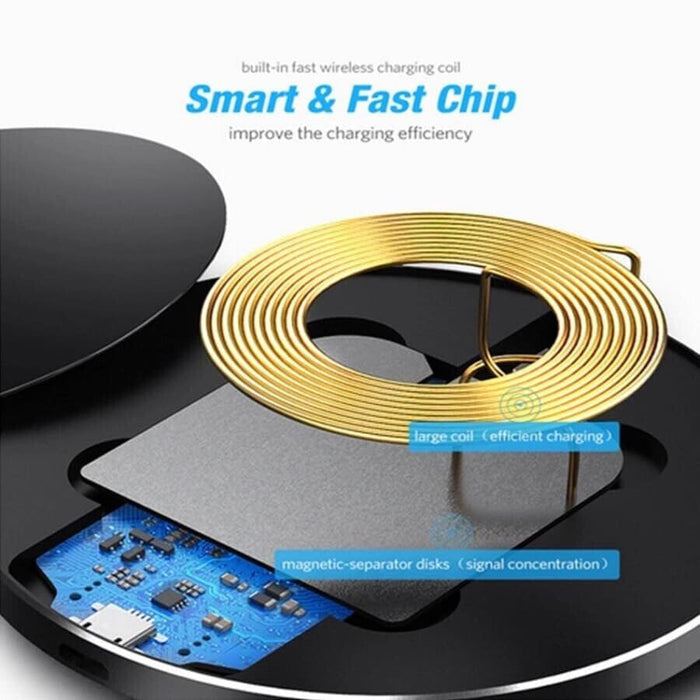 Wireless 10W charger by 9eight5 for phones and tablets, showing a sleek black charging pad with a smartphone placed on top.