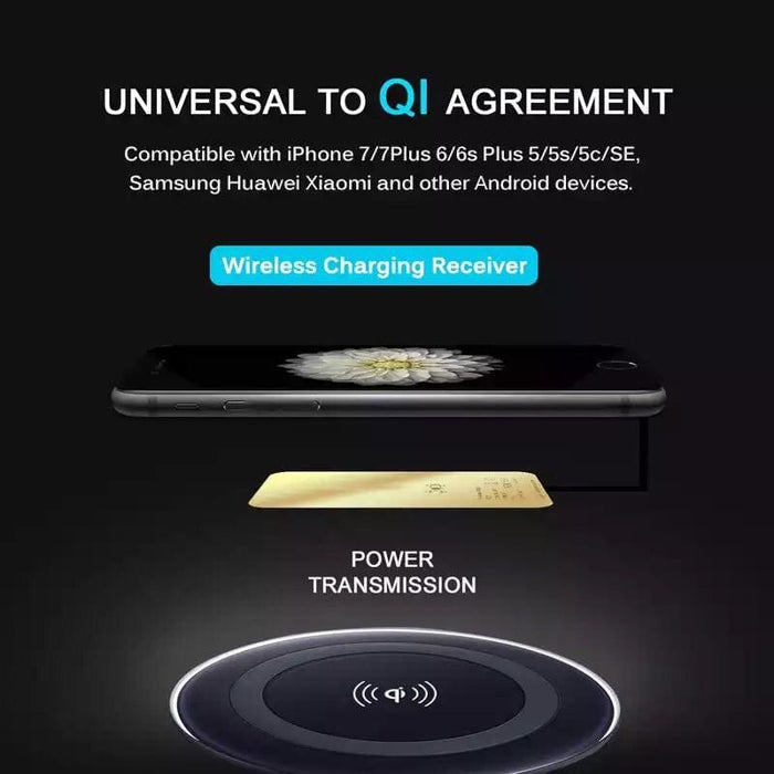 Blue wireless charging receiver for iPhone by 9eight5, compact gadget connecting to phone for easy wireless charging.