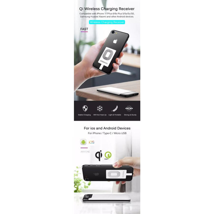 Wireless charging receiver for iPhone by 9eight5, compact accessory with cable and connector for seamless wireless charging.