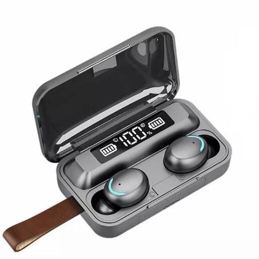 Wireless earphones by 9eight5, sleek black electronics accessories with earbuds and charging case on a white background.