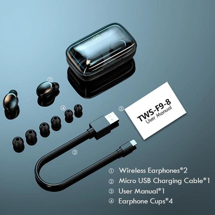 Wireless earphones by 9eight5, sleek black in-ear earbuds with charging case, designed for portable audio and hands-free calls.