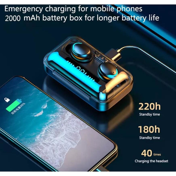 Wireless earphones from 9eight5, sleek black electronics accessories with earbuds and inline microphone on a white background.