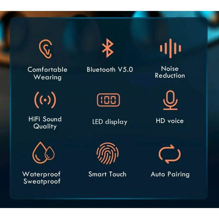 Wireless earphones by 9eight5, compact electronic accessories with earbuds and charging case, designed for wireless audio listening.