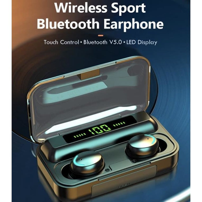 Wireless earphones by 9eight5, sleek black earbuds with in-ear design and inline remote for easy music control.