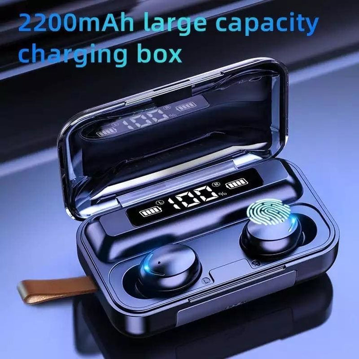 Wireless earphones by 9eight5, sleek black electronic accessories with in-ear design and charging case.