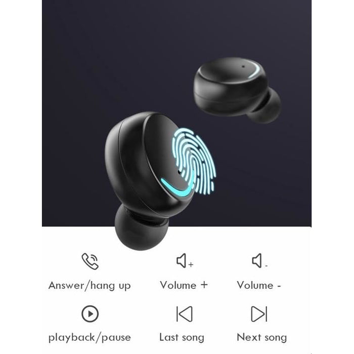 Wireless earphones from 9eight5, sleek black electronic accessories with in-ear design and charging case on a white background.