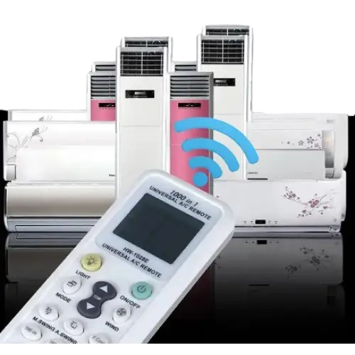 Habicare HBC wireless remote control for heat pump and AC units, showing buttons and display for temperature adjustment.