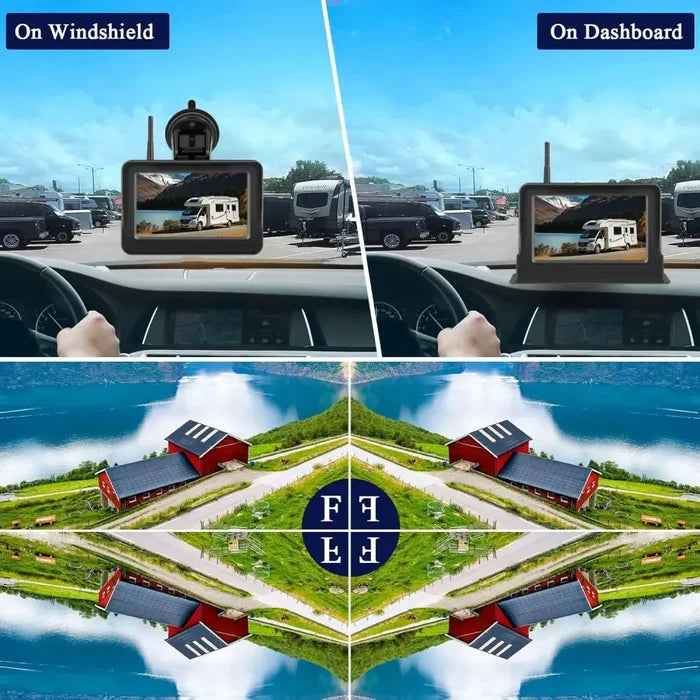 Habicare Wireless Solar 5-inch rear view monitor with HBC technology, showing screen display of vehicle backup view.