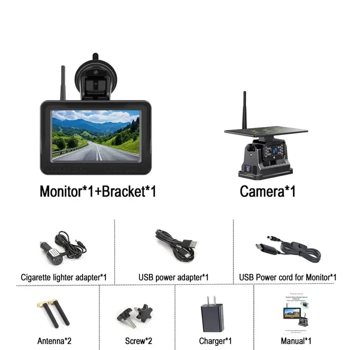 Wirelessly powered 5-inch rear view monitor from Habicare's HBC Wireless Solar series, showing a clear display of a vehicle's rear view.