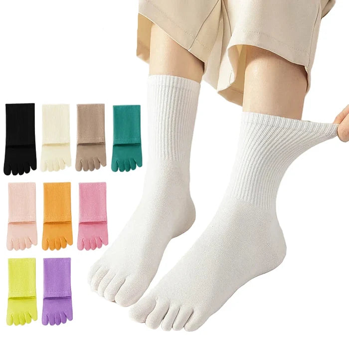 Set of Habicare women’s five-toe socks in various colors, 5 or 10 pairs, designed for comfort and toe separation.