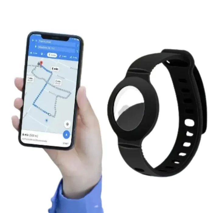 Habicare TWS AirTag wrist strap showing a secure black silicone band with metal clasp for tracking device attachment.