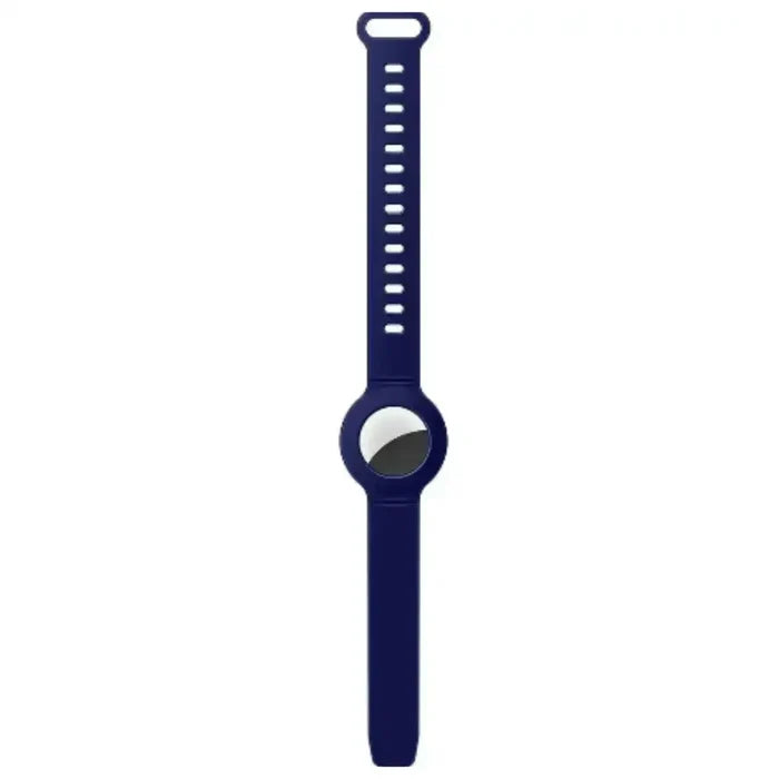 Habicare TWS AirTag wrist strap showing a sleek black silicone band with secure loop for tracking device attachment.