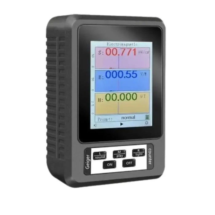 XR2 handheld radiation detector by Habicare, HBC model, shown in use measuring radiation levels with digital display.