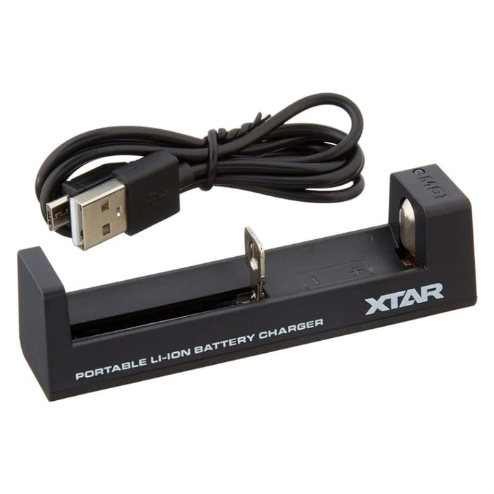 XTAR MC1 1-bay USB battery charger with compact design, shown on a white background with charging ports visible.