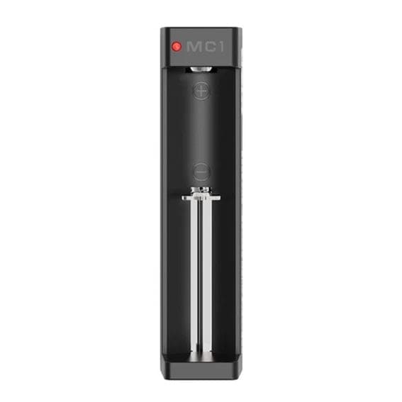 XTAR MC1 1 Bay USB battery charger with black plastic housing and USB port for rechargeable batteries.