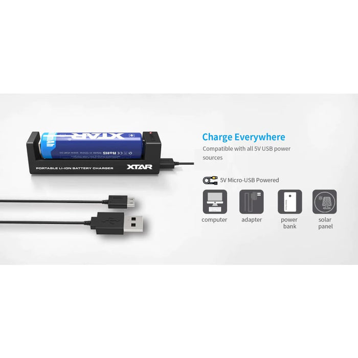XTAR MC1 1 Bay USB Battery Charger for rechargeable batteries, compact charger with USB connection and LED indicator.