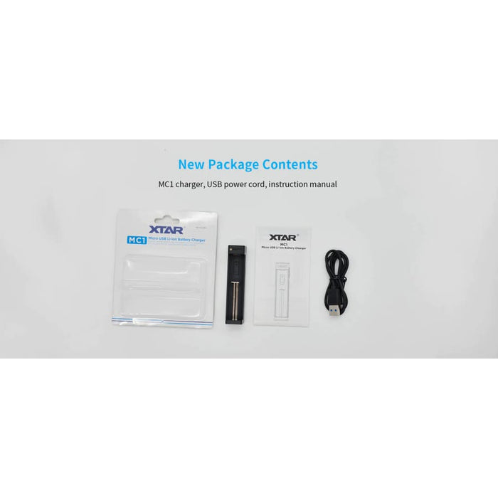 XTAR MC1 1-bay USB battery charger with LED indicator, designed for rechargeable batteries.